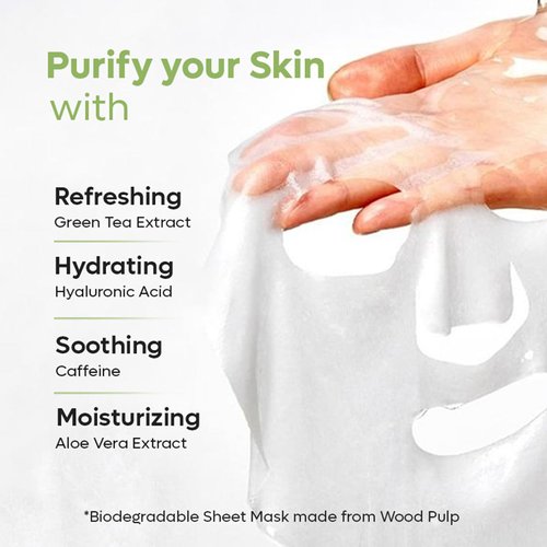 mCaffeine Green Tea Sheet Mask with Niacinamide - Hydrating Face Masks for Pore Tightening - Reduces Hyperpigmentation, Improves Skin Texture - 1 pc