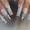 MISUD Press on Nails Long Square Fake Nails Glossy Glue on Nails Silver Chrome Swirl Acrylic Nails Squoval French Tip Artificial Nails Rhinestone Stick on False Nails with Design 24 pcs