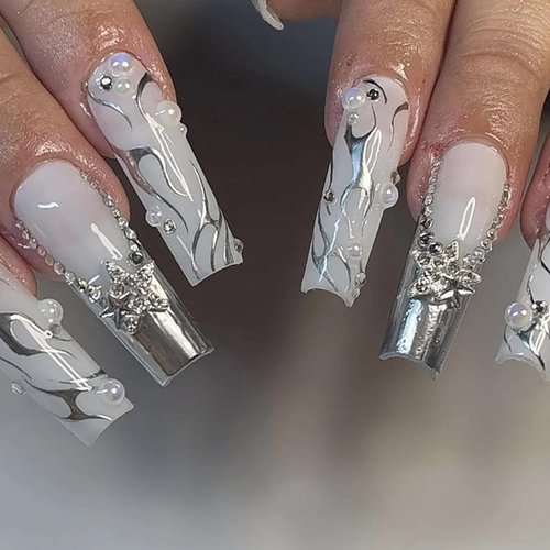 MISUD Press on Nails Long Square Fake Nails Glossy Glue on Nails Silver Chrome Swirl Acrylic Nails Squoval French Tip Artificial Nails Rhinestone Stick on False Nails with Design 24 pcs