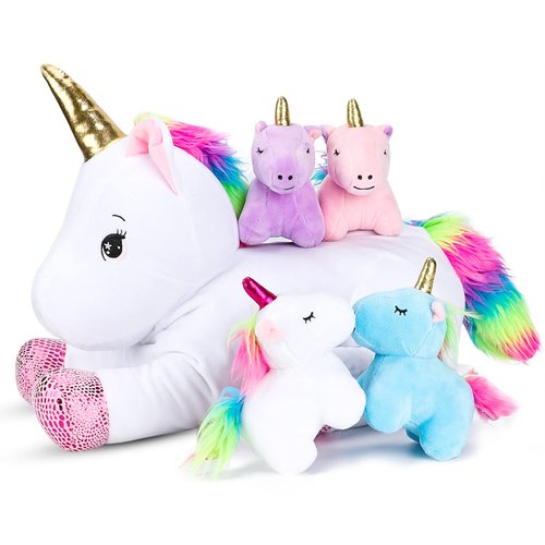 Pegmapri 16inch Unicorn Stuffed Animals PlaySet- Unicorn Doll Toy Gifts for Girls - Stuffed Mommy Unicorn with 4 Baby Plush Unicorns