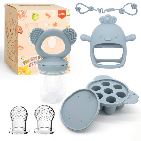 Baby Fruit/Fresh Food Feeder with Breastmilk Popsicle Molds & Baby Teether Combo Food Grade Silicon for 6M+ Breastmilk Pops, Frozen Fruit, Baby Teething Relief, Christmas Idea Gift (Blue)