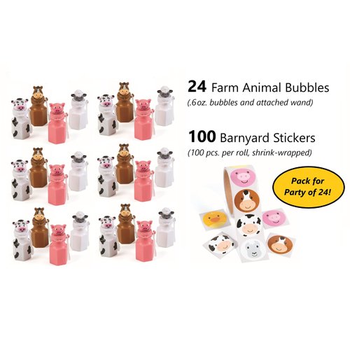 Fun Express Barnyard Party Favor Bundle, 24 Farm Animal Bubbles, 100 Farm Animal Stickers, Birthday Party Favors, Set of 24 | Farm Party Pack | Classroom Supplies | Gift Bags