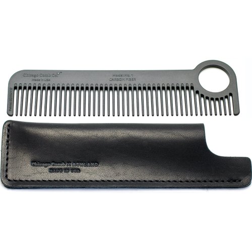 Chicago Comb Model 1 Carbon Fiber + Black Horween leather sheath, pocket and travel comb, Made in USA