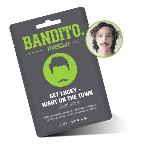 masque BAR Bandito Men Facial Sheet Mask (6 Pack) —Korean Skin Care Pore Treatment — Mosturizes & Brightens — Tightens Pores, Evens Skintone and Enhances Skin Radiance — Get Lucky Night On the Town