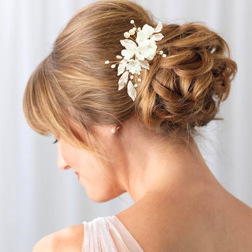 PRETTYLIFE Flower Bridal Hair Pieces with Comb Pearl Leaf White Floral Wedding Hair Pin Accessori...