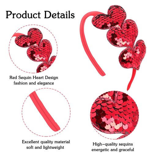 ZEYER Valentine's Day Headbands Glitter Heart Hair Band Red Love Sequin Headband Romantic Hair Bands Holiday Headbands Party Gift Valentine's Day Costume Party Accessories for Women and Girls (Red)