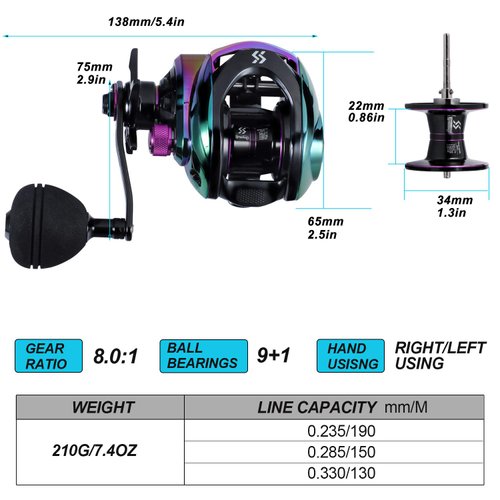 Sougayilang Baitcasting Reels - Colorful Fishing Reel, High Speed Baitcaster with 9+1 Ball Bearings, Gear Ratio 8.0:1, Magnetic Brake System Power Handle Casting Reels -Left Handed-Colorful
