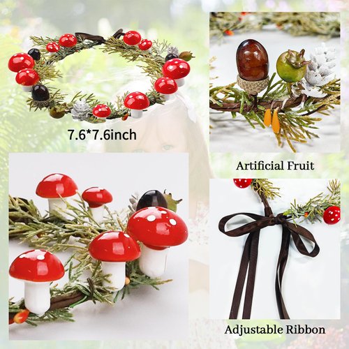 MEMOVAN Handmade Mushroom Crown Headband Woodland Headpiece Christmas Hair Wreath with Pine Berries Fairy Flower Floral Halo Headband Winter Holiday Tiara for Women Girl Holiday Decoration