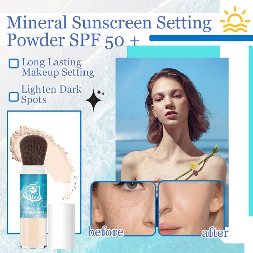 Mineral Sunscreen Setting Powder SPF 50 +,Mineral Brush Powder,Oil Control Setting Powder Sunscreen for Face,Matte Translucent Brush On Sunscreen Powder,Oil Control Lightweight Face Powder for Makeup