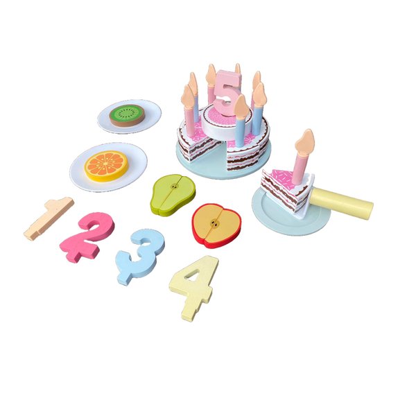 Wooden Birthday Cake Toy Set for Kids, 33 PCS Pretend Play Food, 5" Cake with Candles Fresh Fruit Plate Number 1-5, Wooden Play Kitchen Accessories