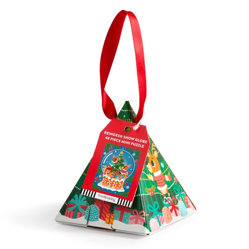 Mudpuppy Reindeer Snow Globe – 48 Piece Pyramid Shaped Puzzle Ornament Featuring Colorful Illustration of Reindeers Decorating for Christmas