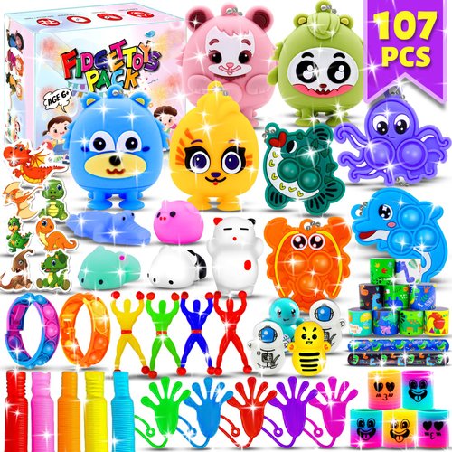 107Pcs Party Favors for Kids, Fidget Toy Pack Stocking Stuffers Birthday Gift Toys, Carnival Reward Classroom Prizes ,Treasure Box Toys Goodie Bag Stuffers Pinata Fillers for Kids 8-12
