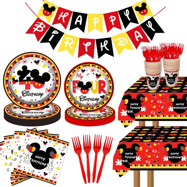 117pcs Cartoon Mouse 4th Party Decorations Mouse Four Year Old Paper Plates Napkins Cups Tablecloths for Mickey Mouse Theme Boy 4th Birthday Party Decorations Supplies - 20 Guests