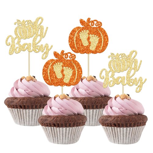Gyufise 24Pcs Pumpkin Oh Baby Cupcake Toppers Glitter Baby Shower Pumpkin Cupcake Picks Baby Feet Cake Decorations for Fall Theme Kids Birthday Party Supplies Gold