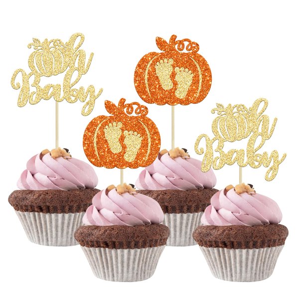 Gyufise 24Pcs Pumpkin Oh Baby Cupcake Toppers Glitter Baby Shower Pumpkin Cupcake Picks Baby Feet Cake Decorations for Fall Theme Kids Birthday Party Supplies Gold