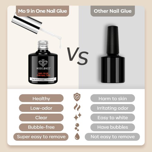 Modelones 9 in One Nail Glue Base Coat Nail Polish Set Brush On Gel Nail Glue 15 ml for Rhinestone, False Nails, Base Gel, Blooming Nail Art Gel Nail Kit for Acrylic Nails U V Lamp Needed