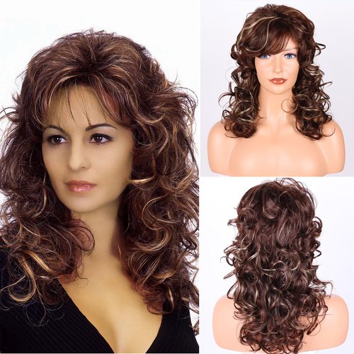 DDHAIR Long Curly Wavy Dark Brown Wigs with Bangs for Women Natural Looking Heat Resistant Synthetic Wigs…