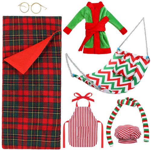 8 Pcs Christmas Elf Doll Accessories Set with Christmas Sleeping Bag, Bathrobe, Apron and Chef Hat, Scarf, Glasses, Christmas Elf Hammock Xmas Accessory for Doll Decorations (Plaid Style)