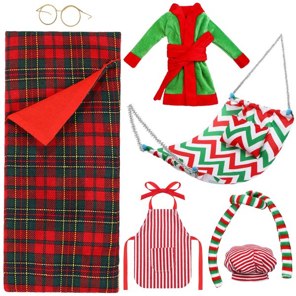 8 Pcs Christmas Elf Doll Accessories Set with Christmas Sleeping Bag, Bathrobe, Apron and Chef Hat, Scarf, Glasses, Christmas Elf Hammock Xmas Accessory for Doll Decorations (Plaid Style)