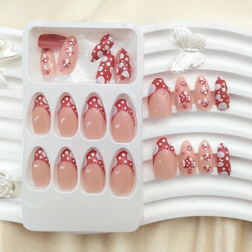 Valentine'S Day Press on Nails Medium Length Almond Fake Nails with Cute Mushroom Heart Designs Red French Tip Glue on Nails Valentines Day Nails Press ons Nude Full Cover False Nails for Women 24 Pcs