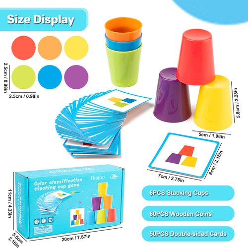 6PCS Stacking Cups Game, Color Sorting Toys with 60PCS Wooden Coins Color Matching Game Montessori Toys for 3 4 5 Years Old Birthday for Boys Girls Kids (50PCS Cards Included)
