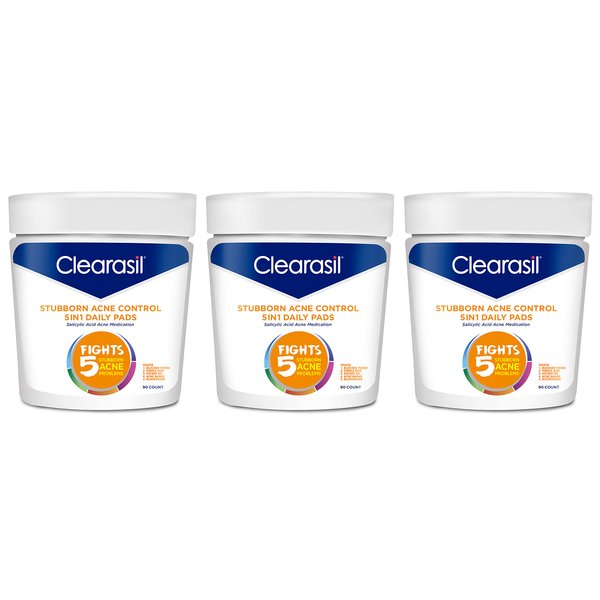 Clearasil Acne Treatment Facial Cleansing Pads, Stubborn Acne Control 5-in-1 Daily Pads, 90 Pads (Pack of 3)