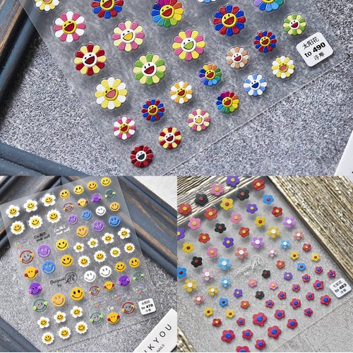 New Sunflower Nail Art Sticker Decals 5D Embossed, Summer Sun Happy Flower Rainbow Nail Art Decoration Sticker (3 Sheets)