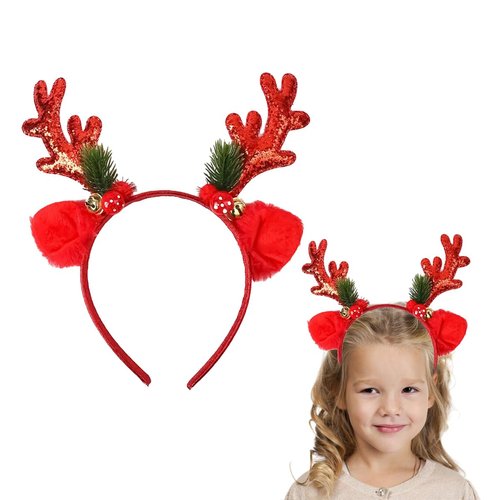 Mangoit Christmas Reindeer Antlers Headband Red Elk Antlers Bell Design Hair Band Glitter Christmas Head Hoop Hairband Cute Reindeer Ears Headwear Holiday Party Hair Accessories For Women Girls