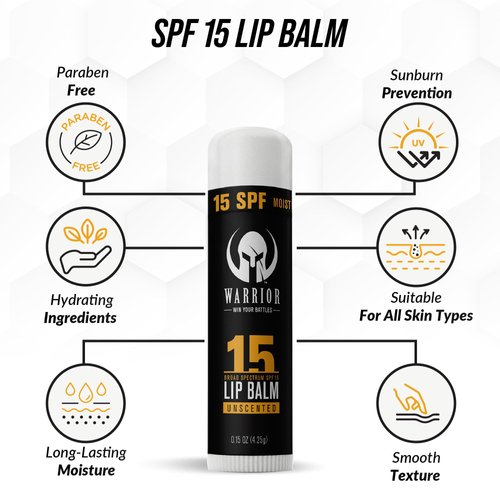 Warrior SPF 15 Lip Balm - Unscented Chapstick Made from Purified Beeswax in USA - Protects Against Wind, Cold, Heat, and UV Rays - Premium Lip Sunscreen Used by Military (0.15 OZ Tube)