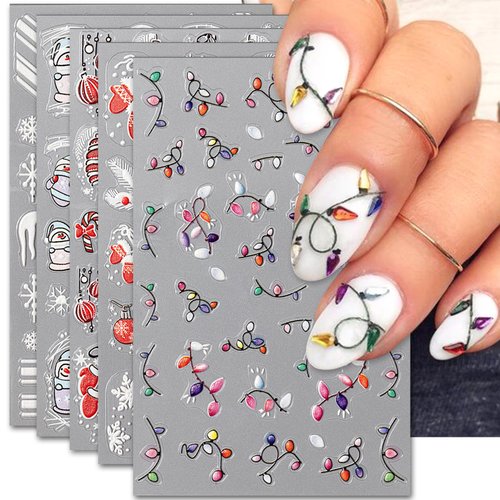 IDDFEVE Embossed Christmas Nail Art Stickers, 5D Self-Adhesive Colorful Light String, Gloves, Snowflake Design for Holiday Nail Decals, Pegatinas Uñas Navidad DIY Decorations (5 Sheets)