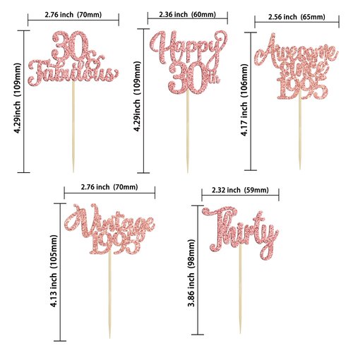 30Pcs Vintage 1995 Cupcake Toppers Glitter Thirty 30 Fabulous Happy 30th Birthday Cupcake Picks Cheers to 30 Years for 30th Birthday Anniversary Party Cake Decorations Supplies Rose Gold