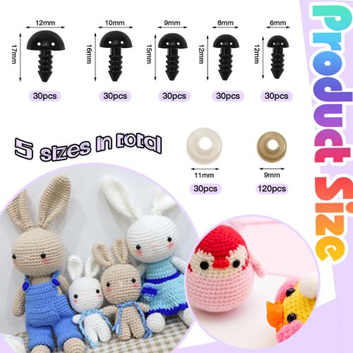 TOAOB 150pcs Black Plastic Safety Eyes with Washers 6mm 8mm 9mm 10mm 12mm Craft Doll Eyes for Amigurumis Crochet and Stuffed Animals Bears Making
