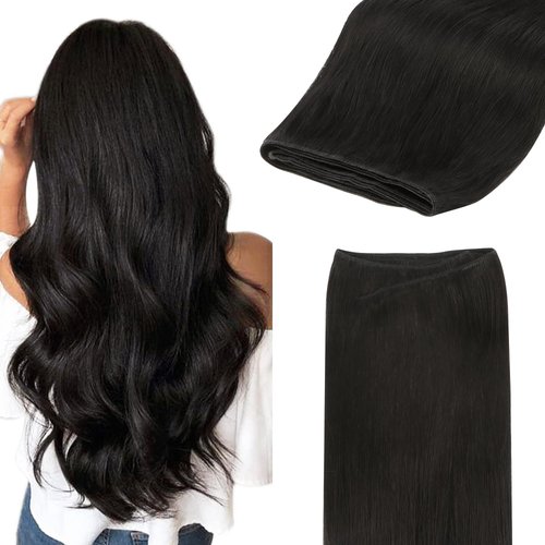 GOO GOO Sew in Hair Extensions Real Human Hair, Weft Hair Extensions Human Hair, 1B Natural black 16 Inch-90g, Weft Bundles Straight Silky Remy Hair