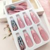 Coffin Press on Nails Medium Dark Pink French Tip Fake Nails Press ons, Full Cover Flase Nails with Glitter Flower Designs Artificial Long Acrylic Glue on Nails for Women 24 Pcs