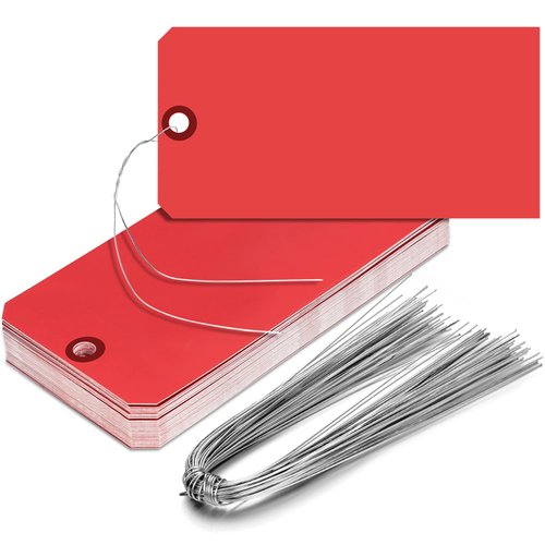 200 Pieces Shipping Tags with Wires Blank Tags Manila Tags 4 3/4" x 2 3/8" Paper Hang Tags for Inventory Luggage Garage Hanging Items(Red)