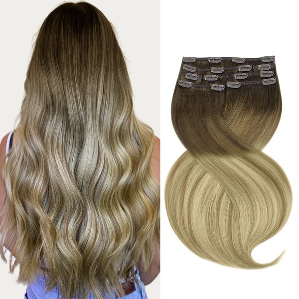 Marat Hair Extensions Clip in Human Hair, Walnut Brown to Ash Brown and Bleach Blonde Clip in Hair Extensions 16 inch 120g Straight Clip in Hair Extensions Human Hair