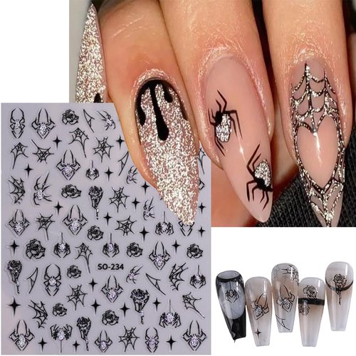 6 Sheets Halloween Nail Stickers Gold Silver Black Spider Web Nail Decals with Glitter Designs 3D Self-Adhesive Star Spider Nail Supplies Horror Stars Heart Flame Nail Art Stickers for Women Girls