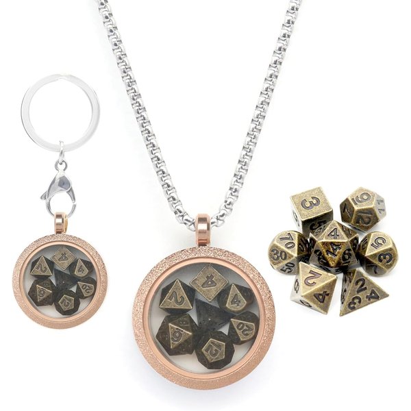 PJOY Mini Dice Set Tiny DND Dice with Necklace Rose-Gold Stainless Steel Frosted Glass Case D&D Portable 7PCS Keychain Antique Bronze Metal Dice Set for Role Playing Dice DND Gifts