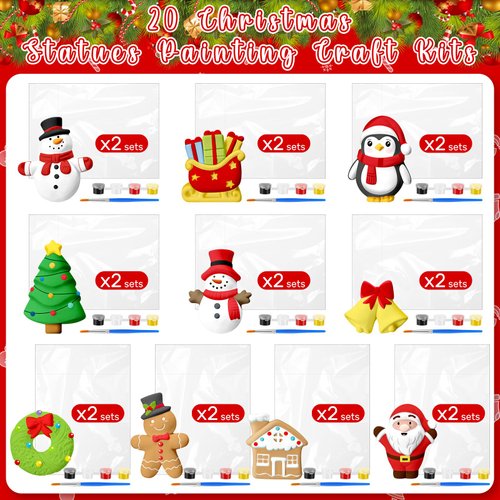 Simgoing 20 Set Christmas DIY Painting Kit Ceramic to Paint Your Own Snowman Santa Xmas Tree Penguin Statues Unpainted Plaster Figurines Brushes Acrylic Paints Bags Party Favor for Kids Adults