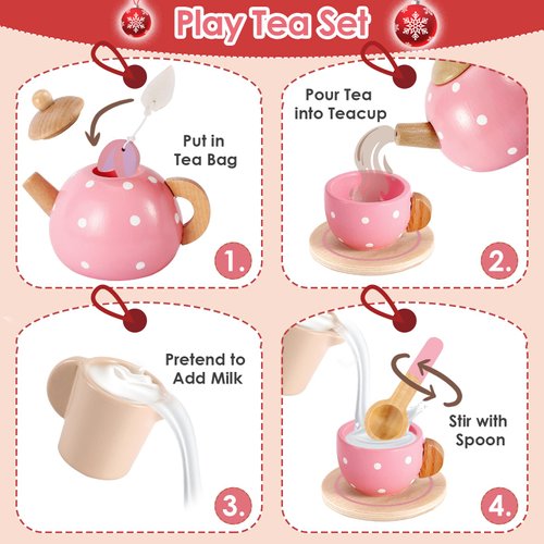 BUYGER Pretend Play Princess Tea Party Set for 3 4 5 6 + Year Old Wooden Kitchen Play Food Accessories Sets Gifts for Toddler Little Girls Boys Age 3-5