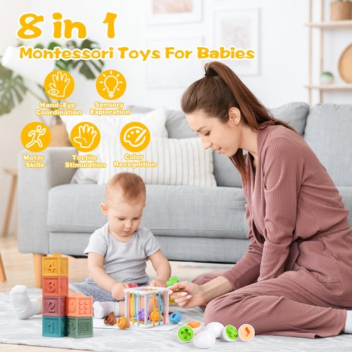 OUWANCH Montessori Toys for Babies 6-12 Months, 8 in 1 Montessori Baby Toys, Soft Baby Teething Toys, Stacking Building Blocks & Cups for Infants, Montessori Toys for 6+ Month Old