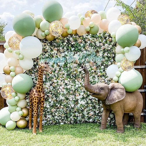 Sweet Baby Co. Sage Green Balloon Garland Arch Kit with Eucalyptus Olive, Peach, White, Gold Balloons and Greenery for Forest Safari Jungle Tropical Theme Decorations Baby Bridal Shower Birthday Party