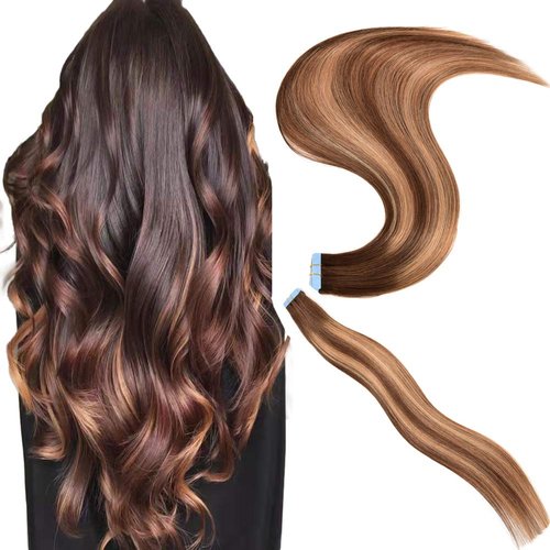 GEELOOK Tape in Hair Extensions Human Hair 14inch Skin Weft Straight Thick Natural with 12 Pieces Replacement Tape 20pcs 50g Chocolate Brown mixed caramel blonde #4/27/4