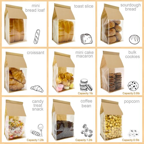 BIUBIU Paper Bread Bags for Homemade Bread Sourdough Bread Bags Bakery Bags with Window Cookie Bags for Packaging Brown Kraft Snack Bags Pastry Candy Treat Popcorn Coffee Tin Tie Tab Lock Gift Giving