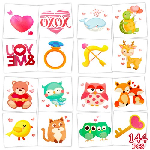 Konsait 144 pcs Valentine's Day Temporary Tattoos for Adults Kids - Cute Valentines Heart Tattoos Animal Tattoos Stickers, Valentines Gifts, Valentines Party Favors, 48 Design