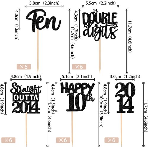 30PCS Black 10th Birthday Cupcake Toppers Glitter Ten Happy 10th Straight Outta 2014 Cupcake Picks for Cheers to 10 Years 10th Birthday Wedding Anniversary Party Cake Decorations Supplies