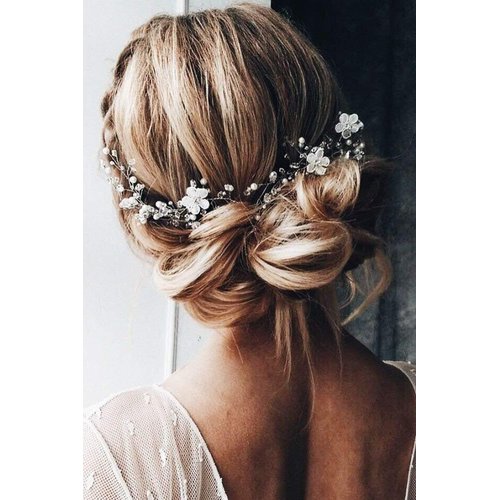 Kercisbeauty White Flower Hair Vine Wedding Bridal Headpiece Pearl Crystal Headband Women Special Occasion Jewelry (Silver)