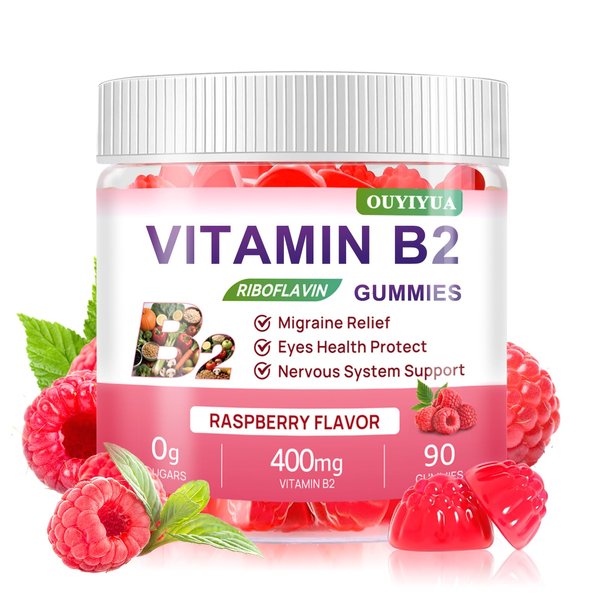 Vitamin B2 Gummies Riboflavin 400mg Supplement with Magnesium for Kids & Adults B2 Gummies for Migraine Relief, Headache Relief & Nervous System Support, Vegan, Sugar-Free, Raspberry Flavor 90 Count