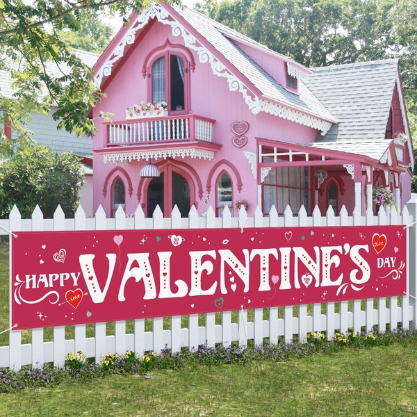 Probsin Valentines Day Banner 120" x 20" Decorations Yard Sign Party Supplies Happy Valentine's Day Heart Romantic Funny Images Photo Backdrop Poster Hanging Outdoor Gate Decor Fence Door Indoor Wall