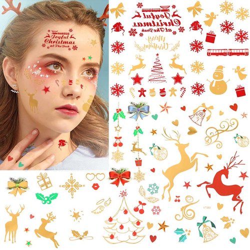 Uranian Christmas Temporary Tattoos Metallic Reindeer Tattoo Santa Claus Snowflake Tattoos Xmas Tree Waterproof Body Tattoo Stickers for Women